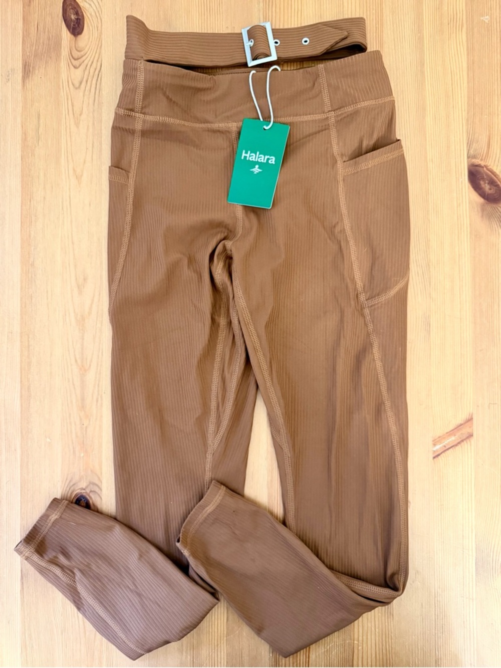 Halara Ribbed Leggings XS Camel Brown High Rise Pocket Pants Belt Detail. NWT